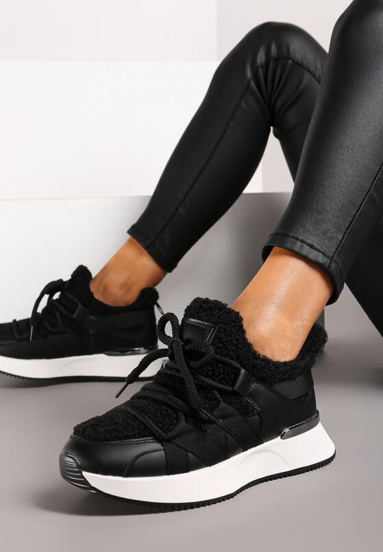 Czarne Sneakersy z Futerkiem Typu Baranek na Grubej Podeszwie Zinithara 1
