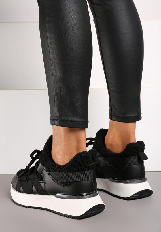 Czarne Sneakersy z Futerkiem Typu Baranek na Grubej Podeszwie Zinithara 3