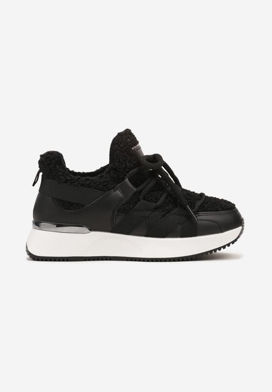 Czarne Sneakersy z Futerkiem Typu Baranek na Grubej Podeszwie Zinithara 4