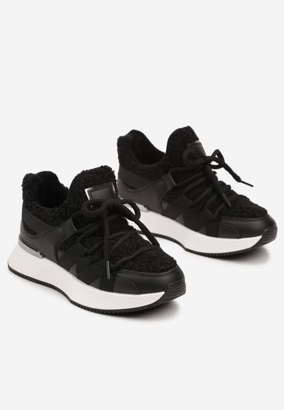 Czarne Sneakersy z Futerkiem Typu Baranek na Grubej Podeszwie Zinithara 5
