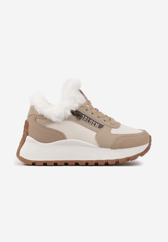 Beżowe Sznurowane Sneakersy na Grubej Podeszwie Ozdobione Futerkiem i Napisem Zinira 4