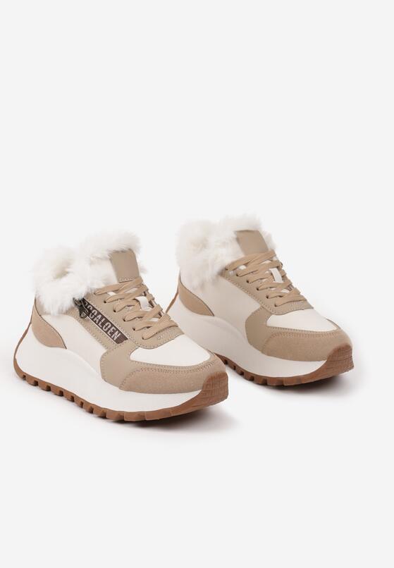 Beżowe Sznurowane Sneakersy na Grubej Podeszwie Ozdobione Futerkiem i Napisem Zinira 5