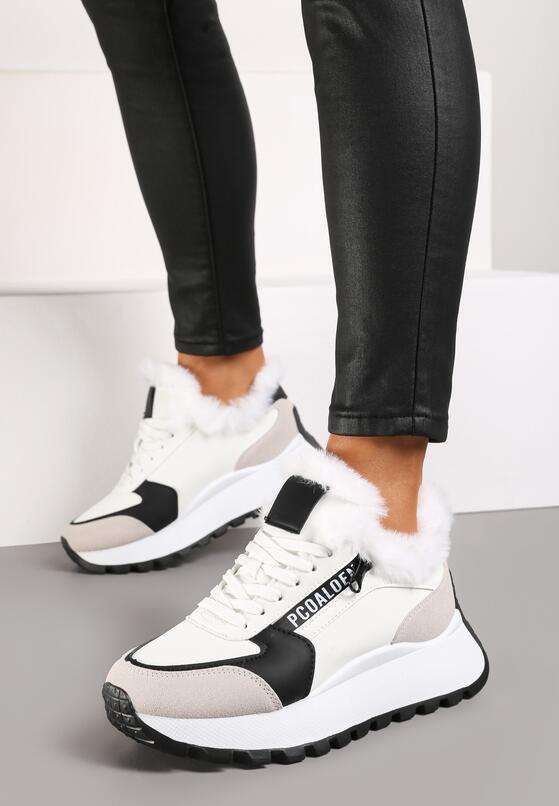 Białe Sznurowane Sneakersy na Grubej Podeszwie Ozdobione Futerkiem i Napisem Zinira 1