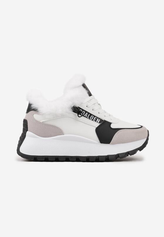 Białe Sznurowane Sneakersy na Grubej Podeszwie Ozdobione Futerkiem i Napisem Zinira 4