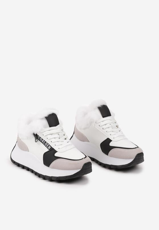Białe Sznurowane Sneakersy na Grubej Podeszwie Ozdobione Futerkiem i Napisem Zinira 5