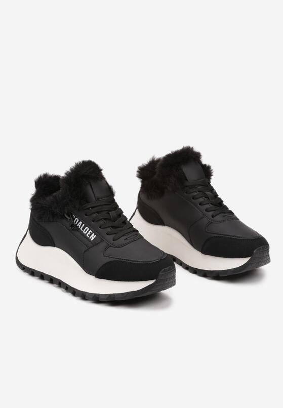 Czarne Sznurowane Sneakersy na Grubej Podeszwie Ozdobione Futerkiem i Napisem Zinira 5