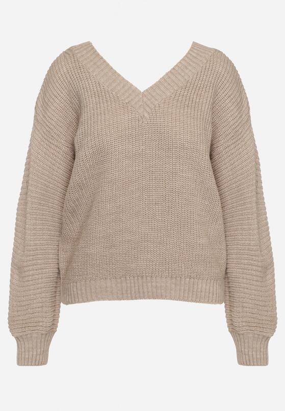 Beżowy Sweter z Trójkątnym Dekoltem Selucce 6