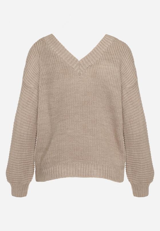 Beżowy Sweter z Trójkątnym Dekoltem Selucce 7
