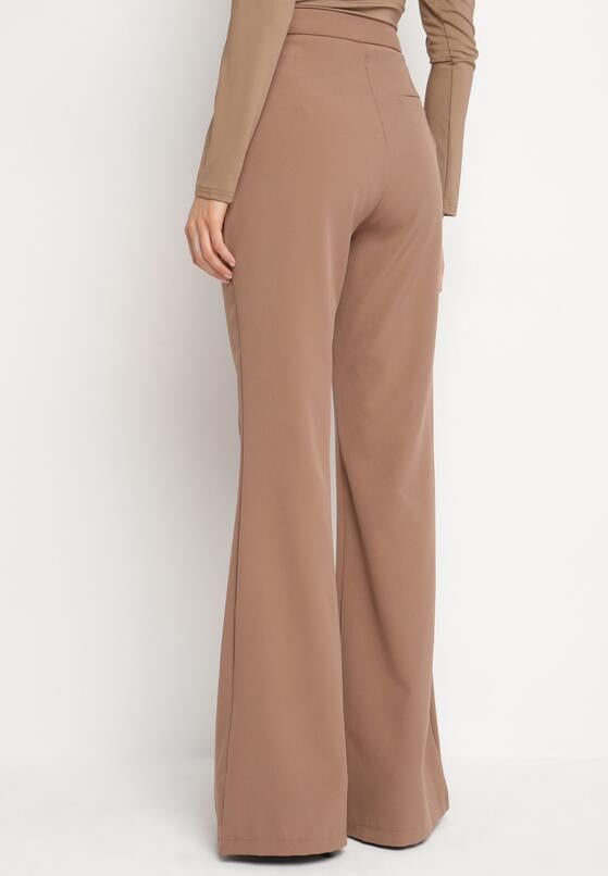 Jasnobrązowe Spodnie o Kroju Dzwonów  z Wysokim Stanem i Imitacją Kieszonek Zinire 3