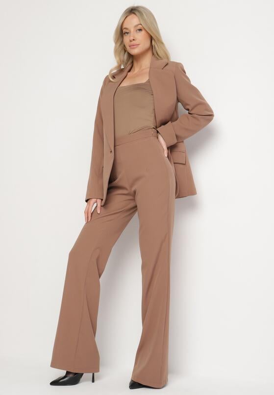 Jasnobrązowe Spodnie o Kroju Dzwonów  z Wysokim Stanem i Imitacją Kieszonek Zinire 4