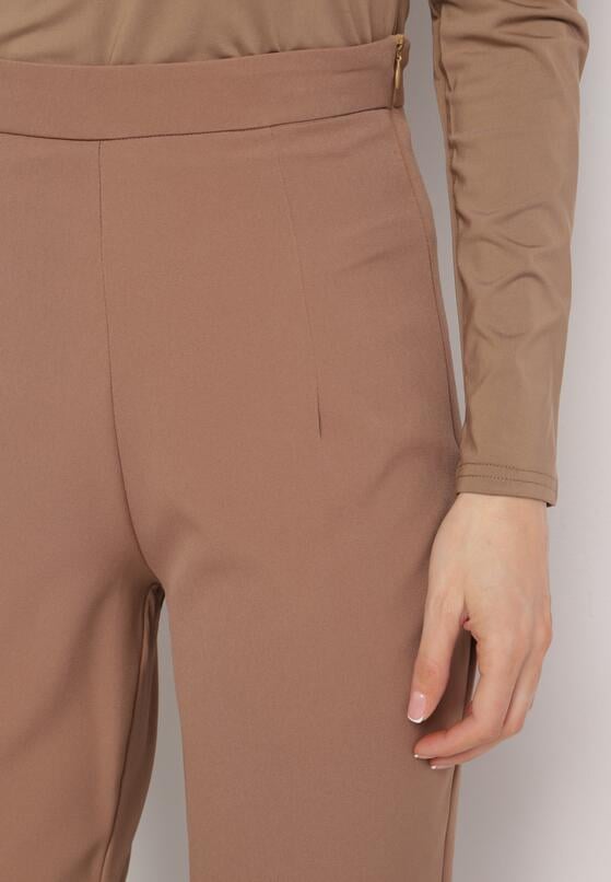 Jasnobrązowe Spodnie o Kroju Dzwonów  z Wysokim Stanem i Imitacją Kieszonek Zinire 5