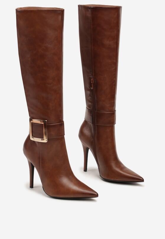 Brązowe Kozaki na Szpilce Ozdobione Klamrą Innadora 5