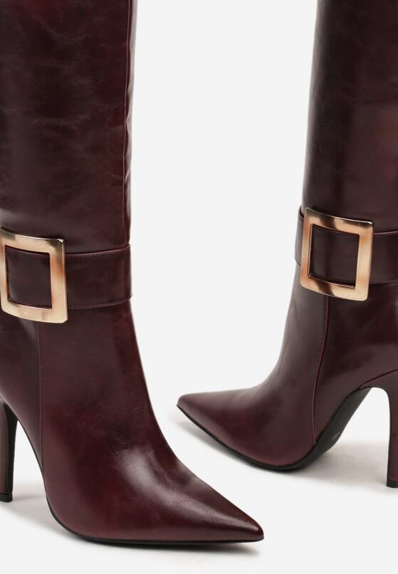 Bordowe Kozaki na Szpilce Ozdobione Klamrą Innadora 6