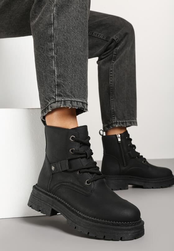 Czarne Botki Workery na Płaskiej Podeszwie ze Sznurowaniem Savalinna 2
