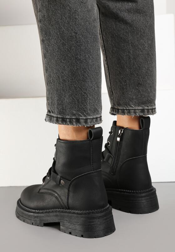 Czarne Botki Workery na Płaskiej Podeszwie ze Sznurowaniem Savalinna 3