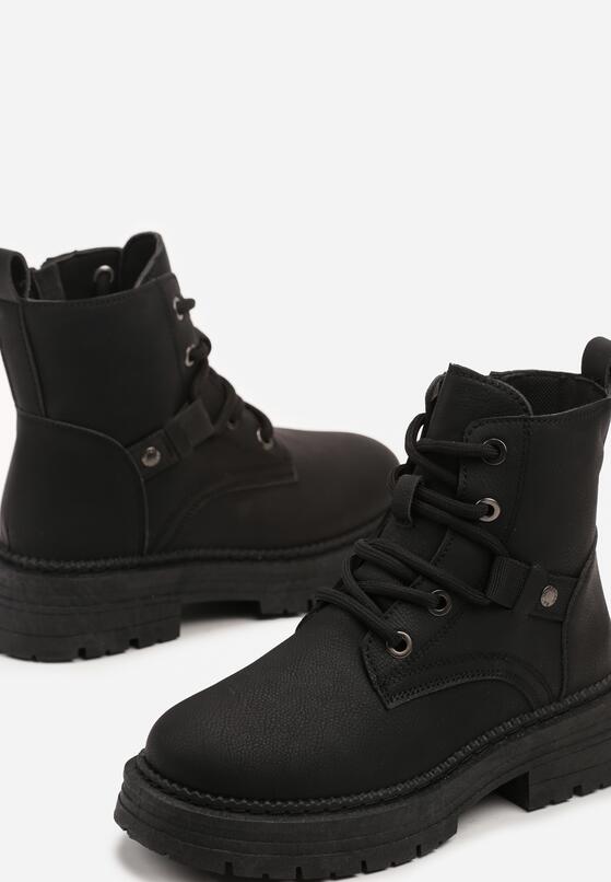 Czarne Botki Workery na Płaskiej Podeszwie ze Sznurowaniem Savalinna 6