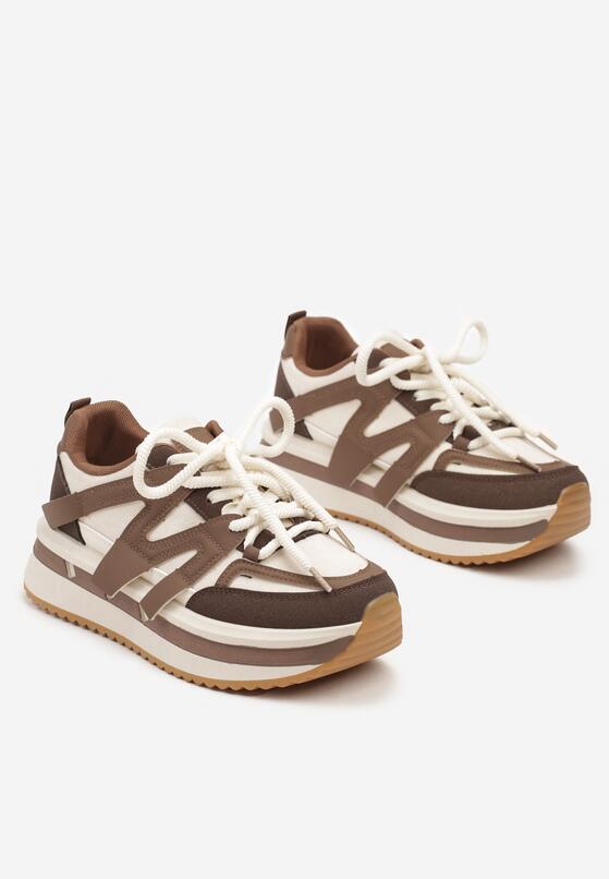 Brązowo-Beżowe Sznurowane Sneakersy na Grubej Podeszwie z Paskami Innaretis 5