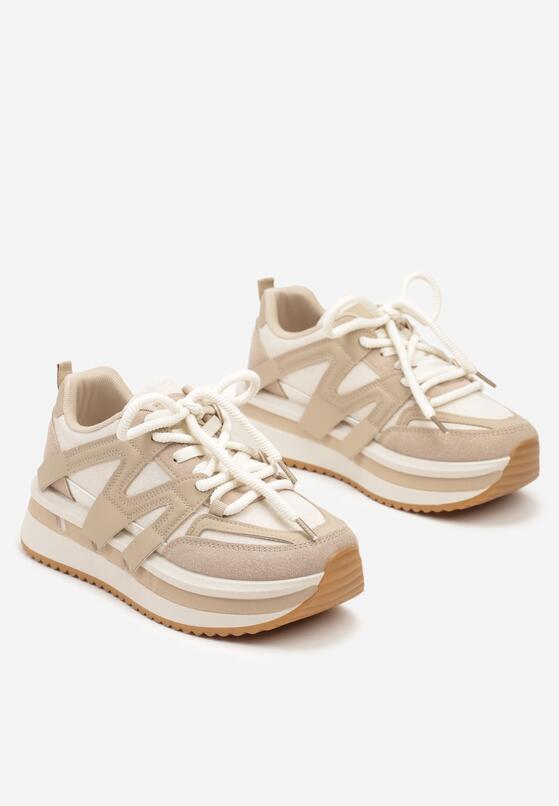 Ciemnobeżowe Sznurowane Sneakersy na Grubej Podeszwie z Paskami Innaretis 5
