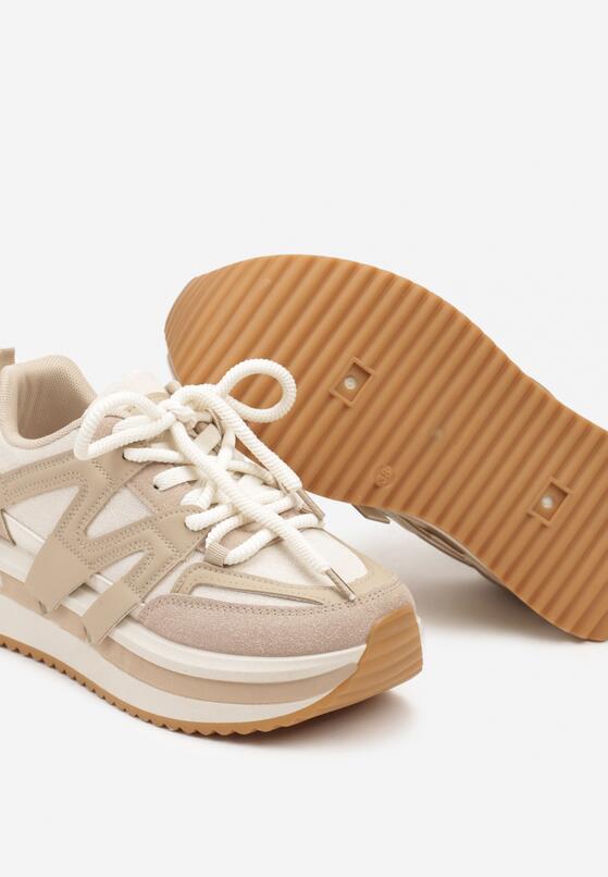 Ciemnobeżowe Sznurowane Sneakersy na Grubej Podeszwie z Paskami Innaretis 6