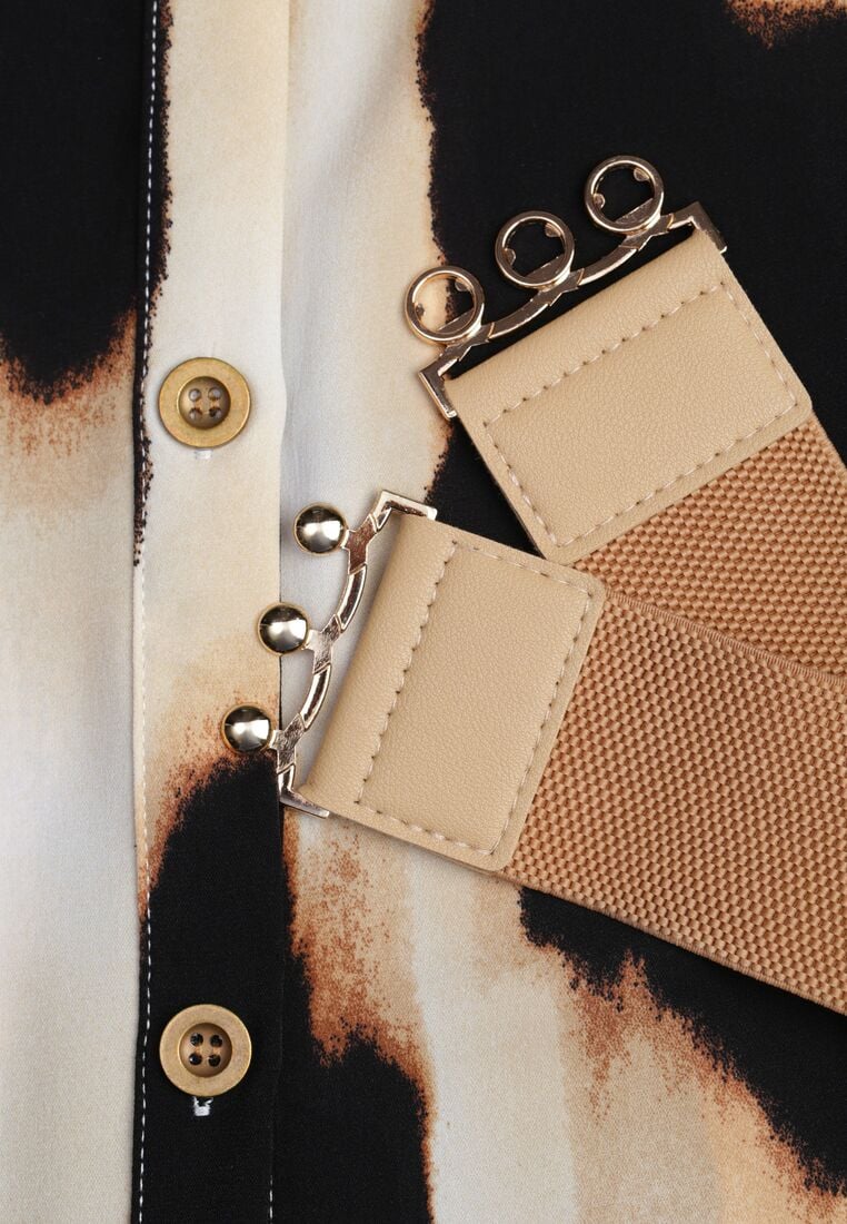 Beżowo-Czarna Panterkowa Sukienka w Koszulowym Stylu z Elastycznym Paskiem Tinellea 8