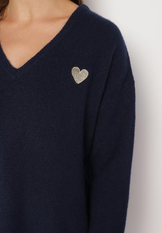 Granatowy Sweter z Wełną i Trójkątnym Dekoltem Zivida 5