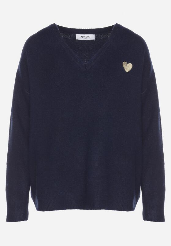 Granatowy Sweter z Wełną i Trójkątnym Dekoltem Zivida 6