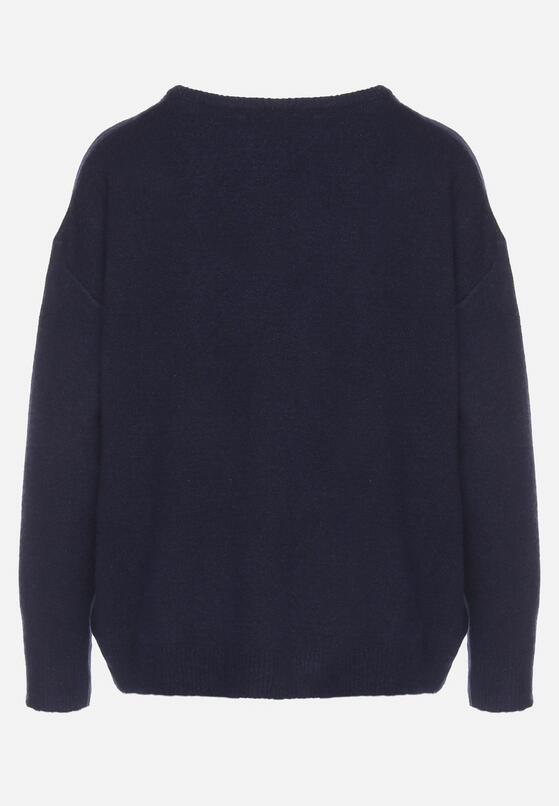 Granatowy Sweter z Wełną i Trójkątnym Dekoltem Zivida 7