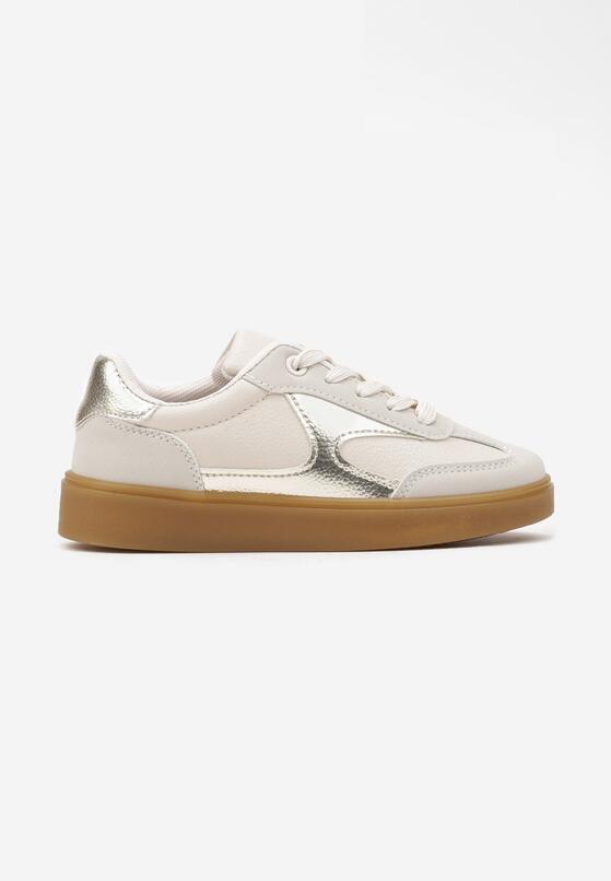 Beżowe Sznurowane Buty Sportowe Sneakersy z Metaliczną Wstawką Dinizia 1