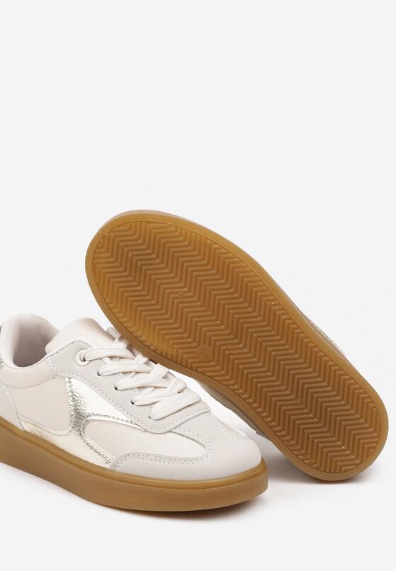 Beżowe Sznurowane Buty Sportowe Sneakersy z Metaliczną Wstawką Dinizia 3