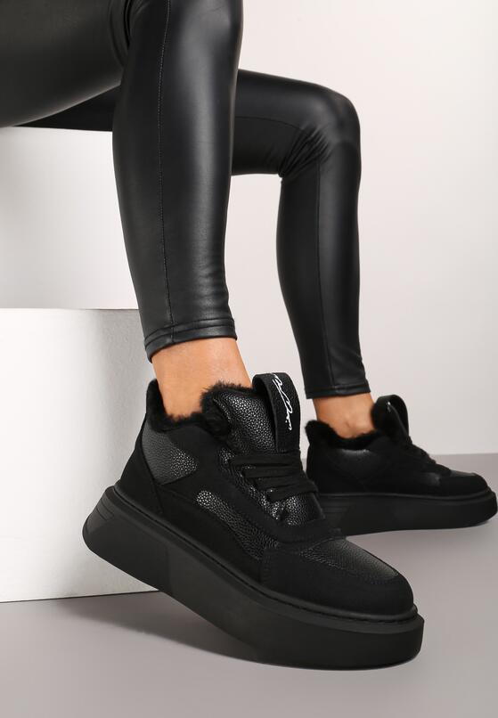 Czarne Botki na Grubej Podeszwie w Stylu Sneakersów ze Sznurowaniem i Futerkiem Narilae 2