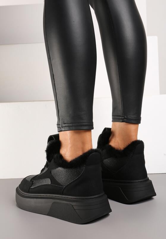 Czarne Botki na Grubej Podeszwie w Stylu Sneakersów ze Sznurowaniem i Futerkiem Narilae 3