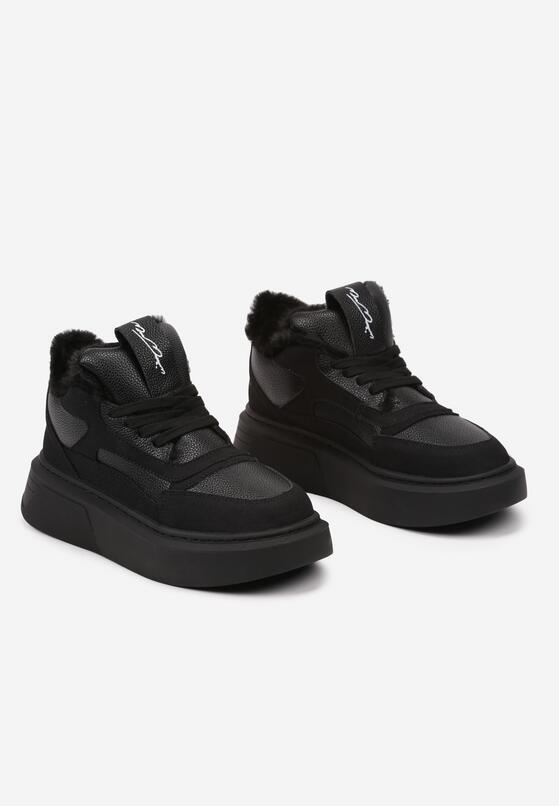 Czarne Botki na Grubej Podeszwie w Stylu Sneakersów ze Sznurowaniem i Futerkiem Narilae 5