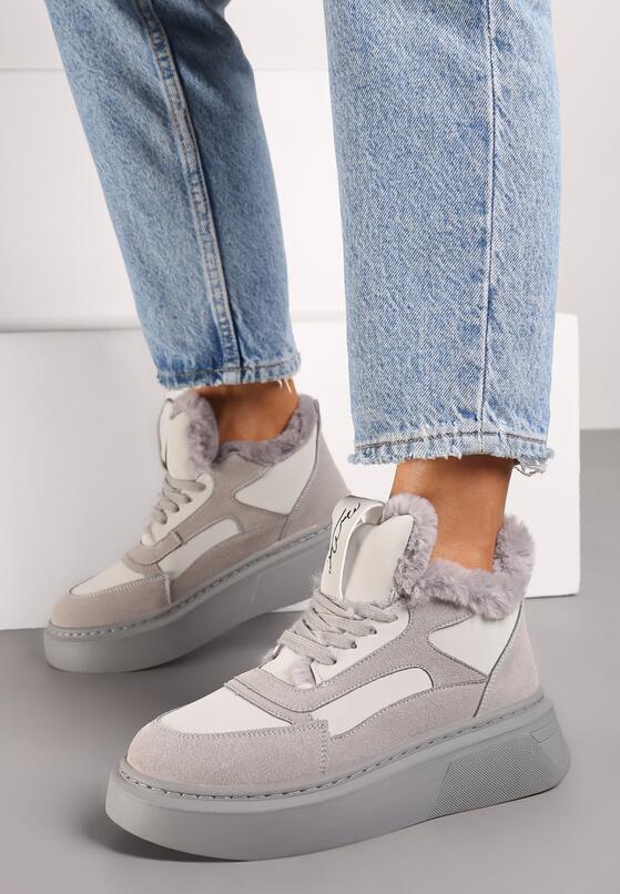 Szare Botki na Grubej Podeszwie w Stylu Sneakersów ze Sznurowaniem i Futerkiem Narilae 1