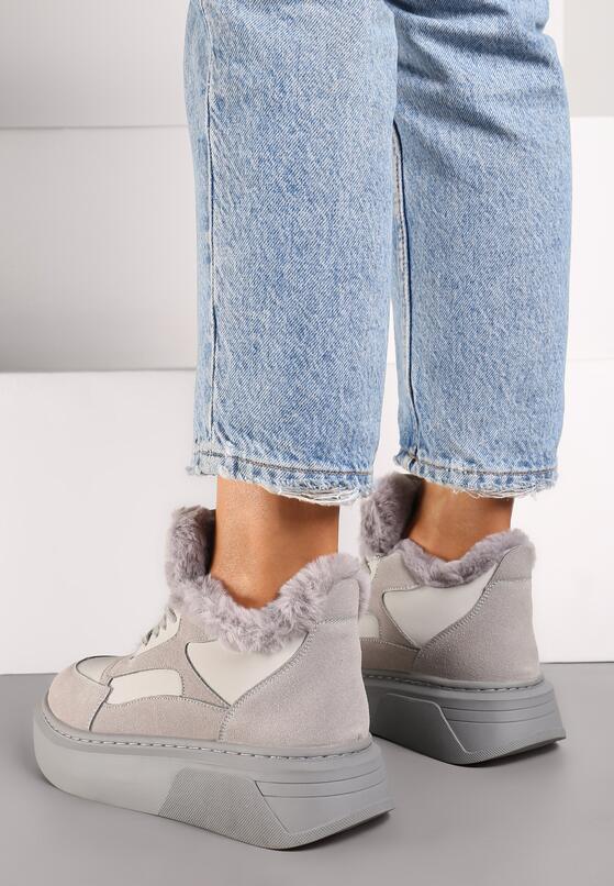 Szare Botki na Grubej Podeszwie w Stylu Sneakersów ze Sznurowaniem i Futerkiem Narilae 3