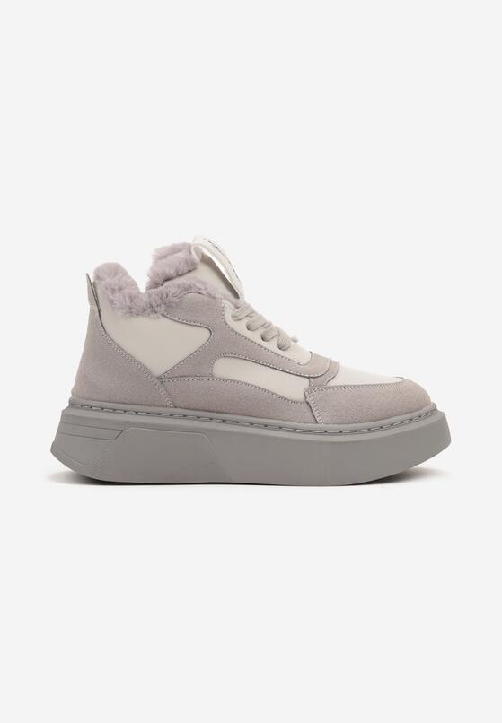 Szare Botki na Grubej Podeszwie w Stylu Sneakersów ze Sznurowaniem i Futerkiem Narilae 4