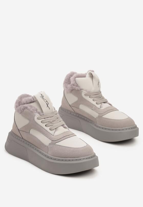 Szare Botki na Grubej Podeszwie w Stylu Sneakersów ze Sznurowaniem i Futerkiem Narilae 5