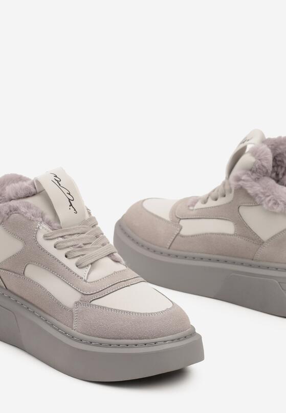 Szare Botki na Grubej Podeszwie w Stylu Sneakersów ze Sznurowaniem i Futerkiem Narilae 6