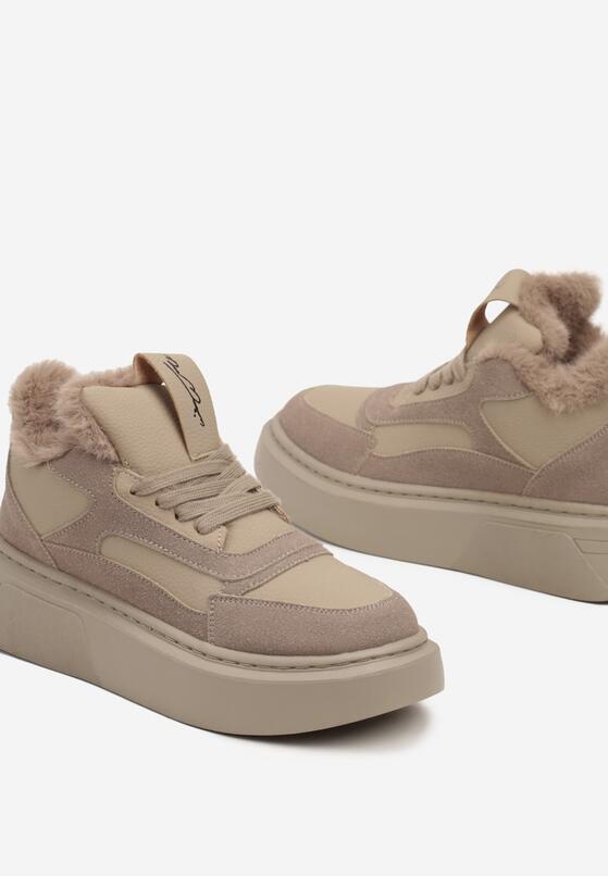 Ciemnobeżowe Botki na Grubej Podeszwie w Stylu Sneakersów ze Sznurowaniem i Futerkiem Narilae 6