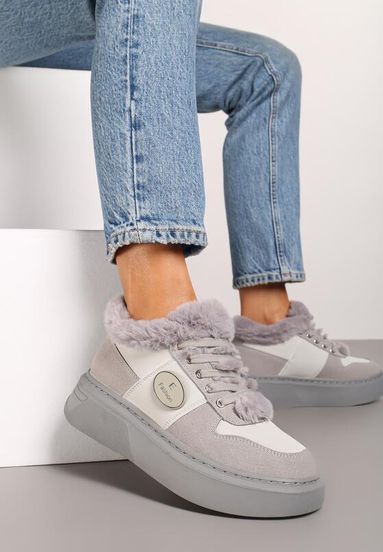 Szare Sznurowane Sneakersy  na Grubej Podeszwie z Futerkiem i Aplikacją Tinivra 2