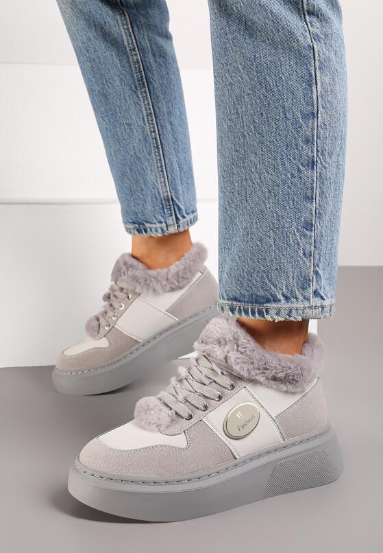 Szare Sznurowane Sneakersy  na Grubej Podeszwie z Futerkiem i Aplikacją Tinivra 1