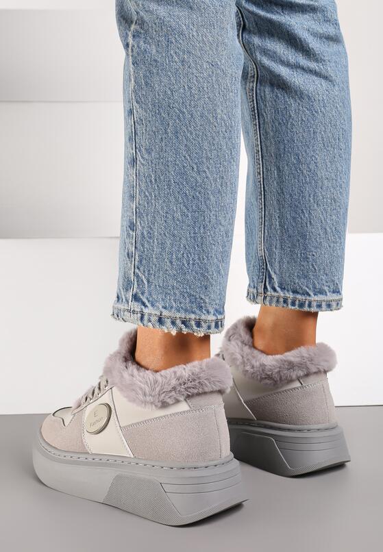 Szare Sznurowane Sneakersy  na Grubej Podeszwie z Futerkiem i Aplikacją Tinivra 3