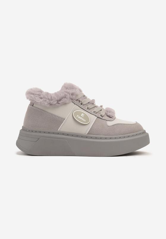 Szare Sznurowane Sneakersy  na Grubej Podeszwie z Futerkiem i Aplikacją Tinivra 4