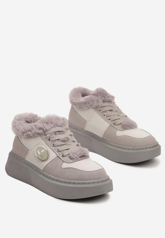 Szare Sznurowane Sneakersy  na Grubej Podeszwie z Futerkiem i Aplikacją Tinivra 5