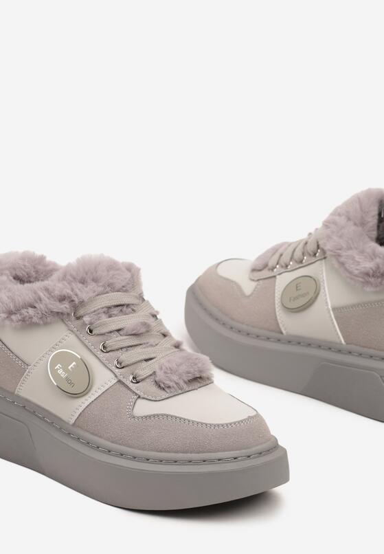 Szare Sznurowane Sneakersy  na Grubej Podeszwie z Futerkiem i Aplikacją Tinivra 6