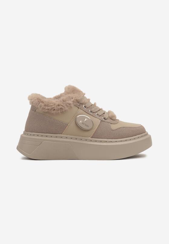 Ciemnobeżowe Sznurowane Sneakersy  na Grubej Podeszwie z Futerkiem i Aplikacją Tinivra 4