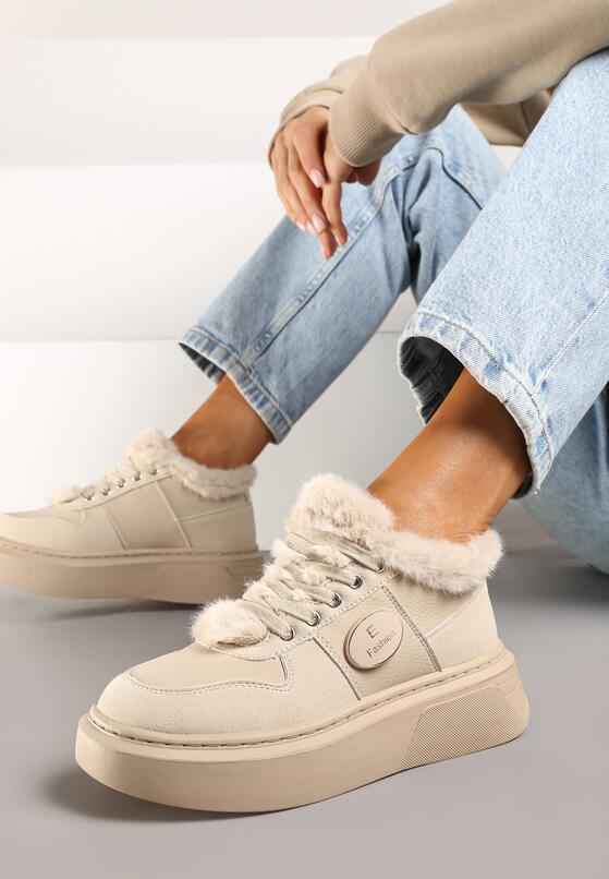 Beżowe Sznurowane Sneakersy  na Grubej Podeszwie z Futerkiem i Aplikacją Tinivra 2