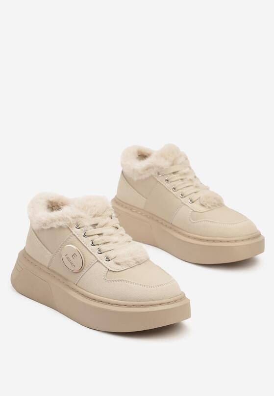Beżowe Sznurowane Sneakersy  na Grubej Podeszwie z Futerkiem i Aplikacją Tinivra 5