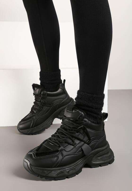 Czarne Sneakersy na Grubej Podeszwie z Futrzaną Wyściółką Miada 3
