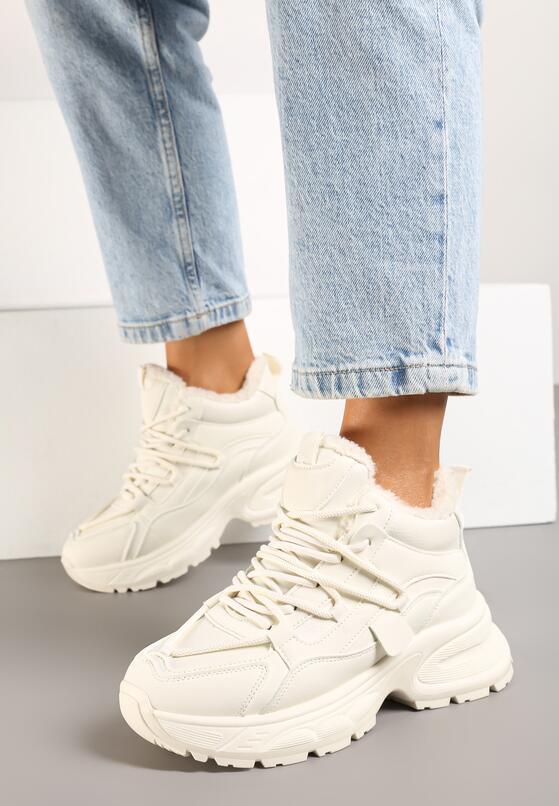Beżowe Sneakersy na Grubej Podeszwie z Futrzaną Wyściółką Miada 3