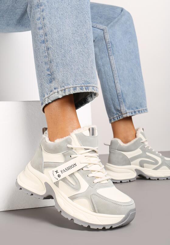 Beżowo-Szare Sneakersy na Grubej Podeszwie z Futerkiem i Napisem Siolena 2